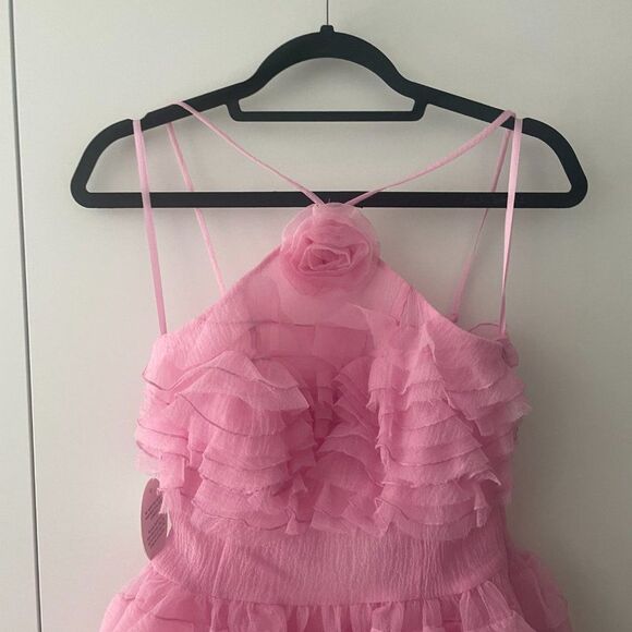 NWT Staud Florian Rosette Appliquéd Ruffled Organza Mini Dress Tulip Pink Size 2 - Picture 3 of 13